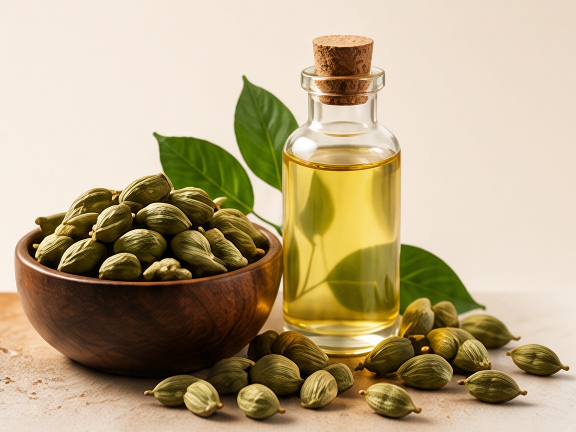 Wooden bowl of green cardamom pods beside a bottle of cardamom oil