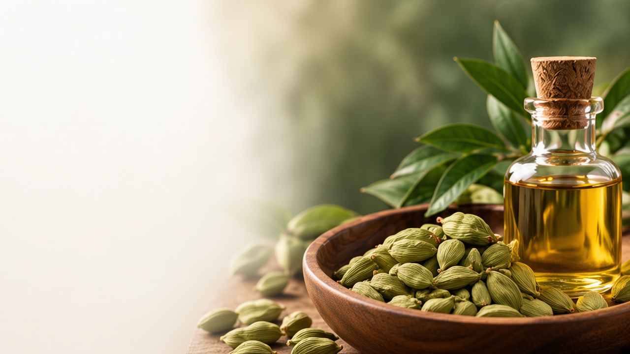 Glass bottle of cardamom oil beside a wooden bowl of green cardamom pods