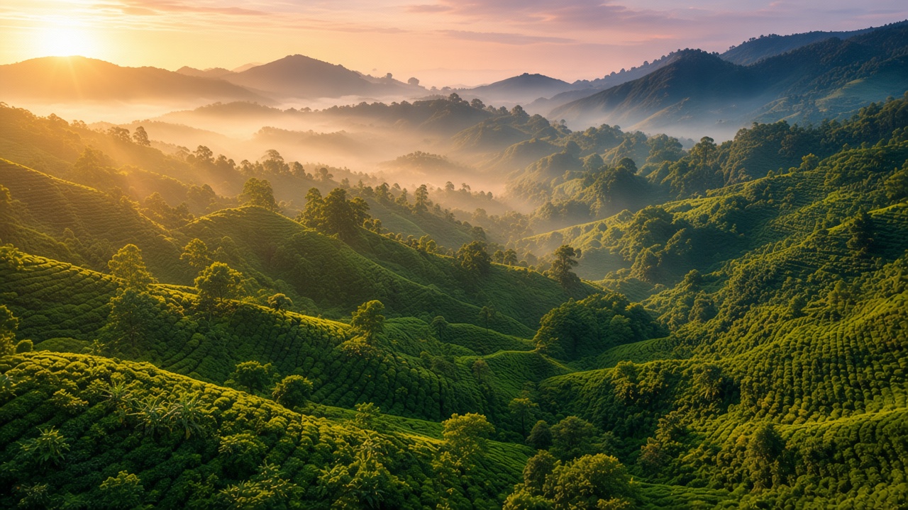 Sunrise over misty green cardamom plantation hills