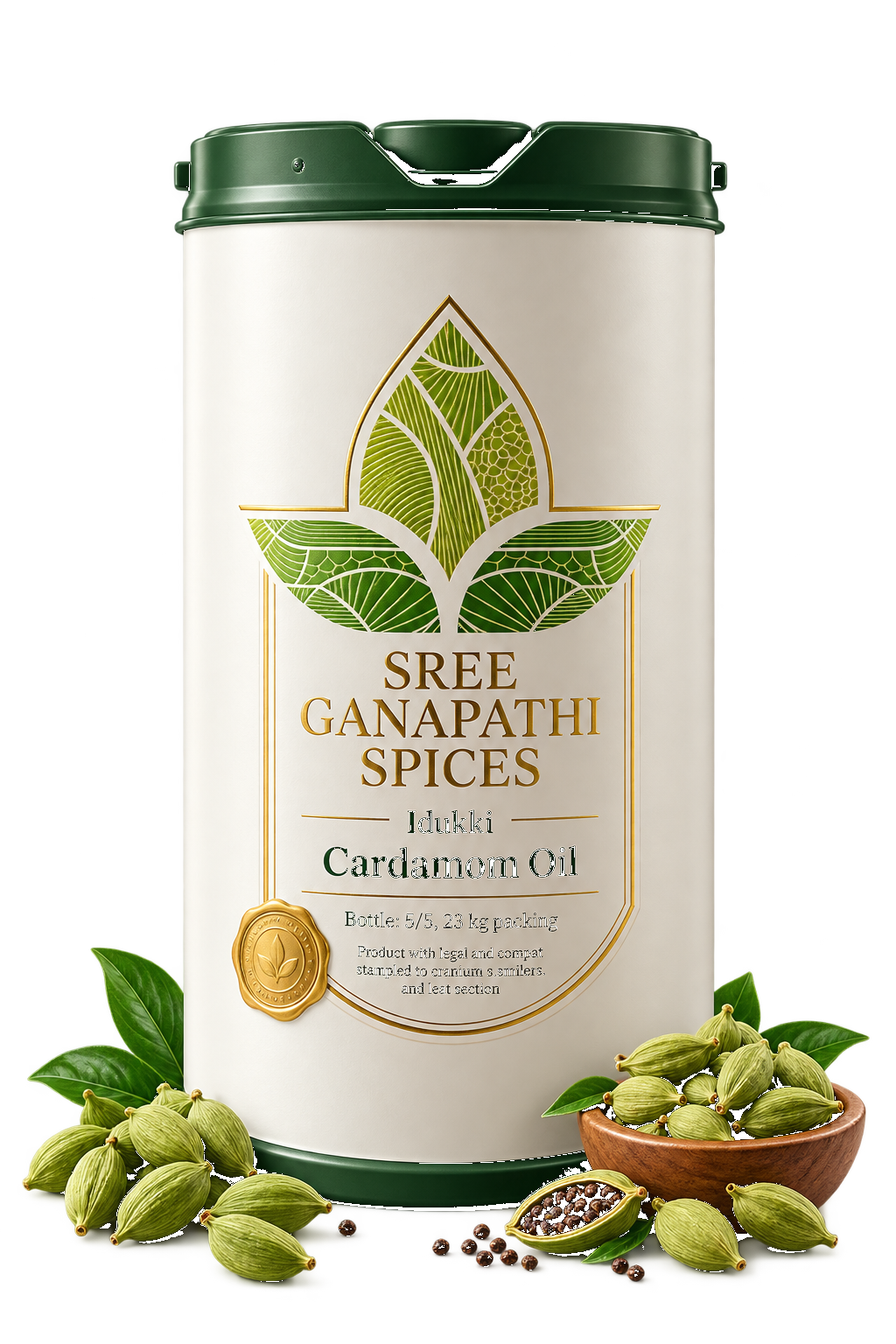 SGS Idukki Cardamom Oil tin with green cardamom pods