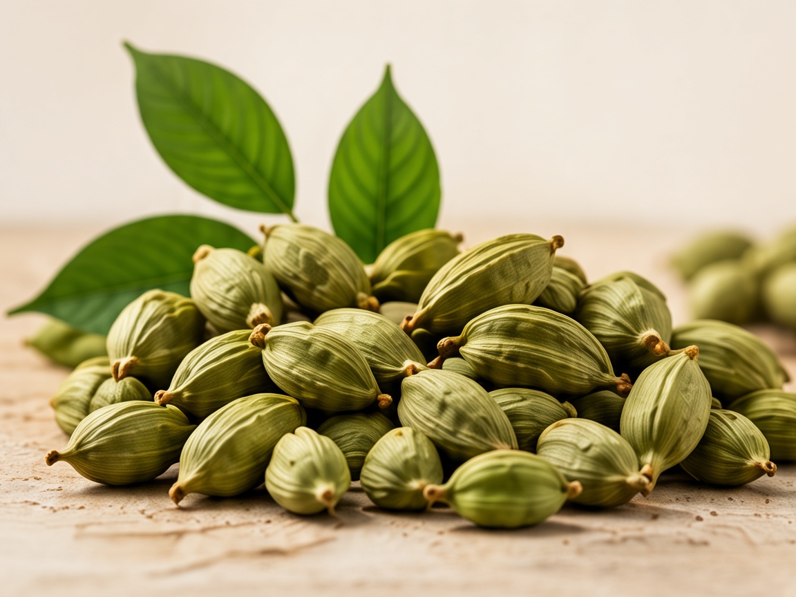 Pile of green cardamom pods with fresh leaves